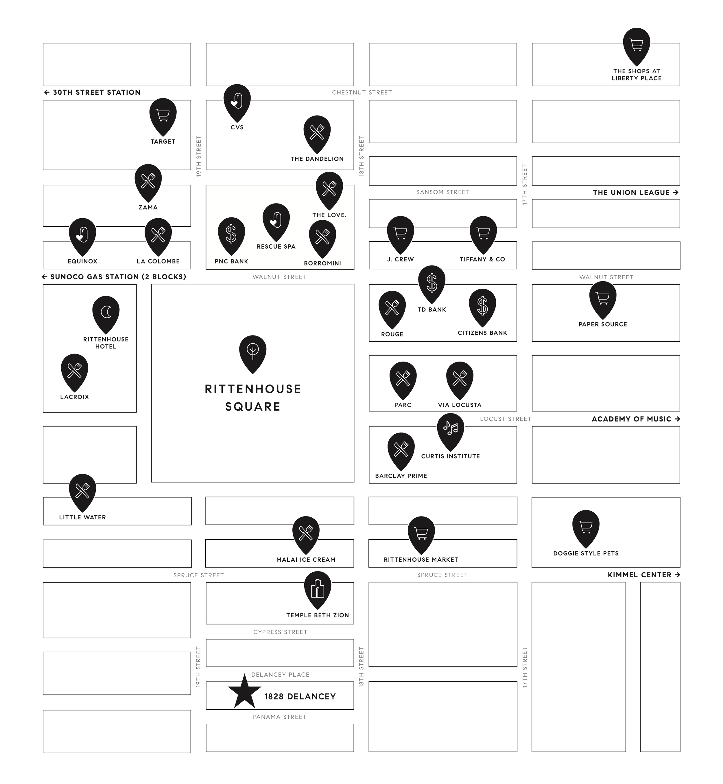 Black-and-white map of a neighborhood with street names and various business icons, including stores, banks, hotels, restaurants, and landmarks such as Rittenhouse Square, Temple Beth Zion, and the Delancey area.