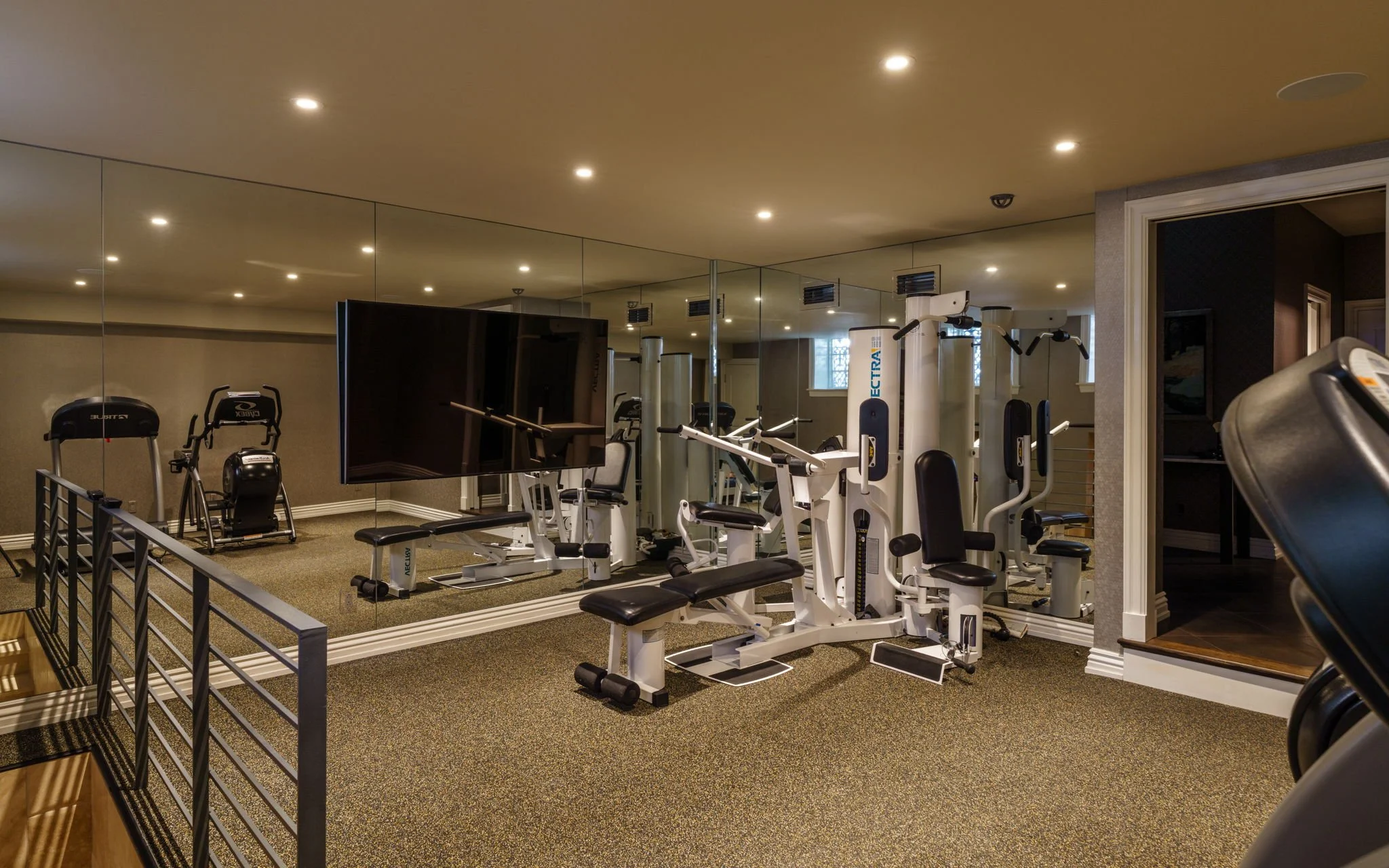 Home gym with various workout equipment including weight machines, cardio equipment, and a large mirror wall, illuminated by ceiling lights.