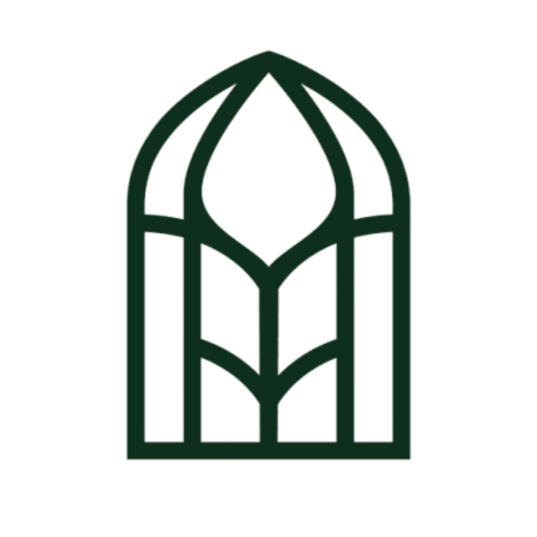 A black line drawing of a stylized stained glass window with geometric shapes.