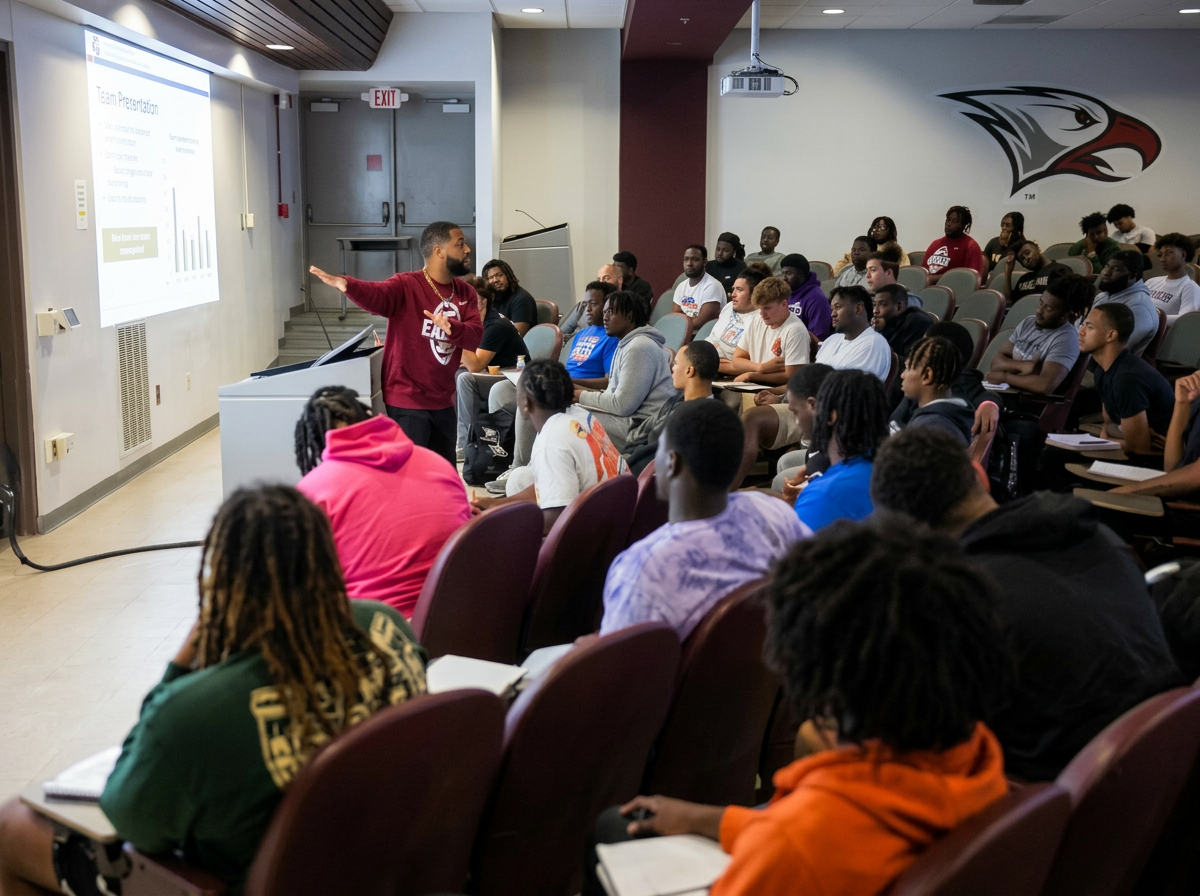 A man giving a presentation to a group of students in a classroom or lecture hall with a logo on the wall behind him. The audience is seated and attentively listening.