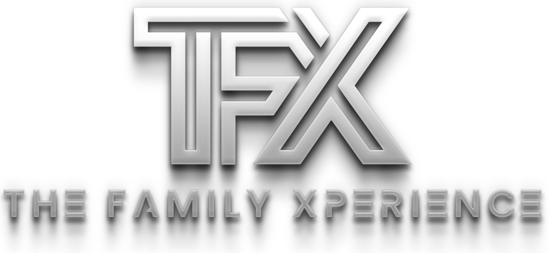 Logo for TFX with the tagline 'The Family Xperience' in metallic gray text on a black background.
