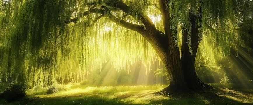Sunlight filters through the branches of a large weeping willow tree in a green park.