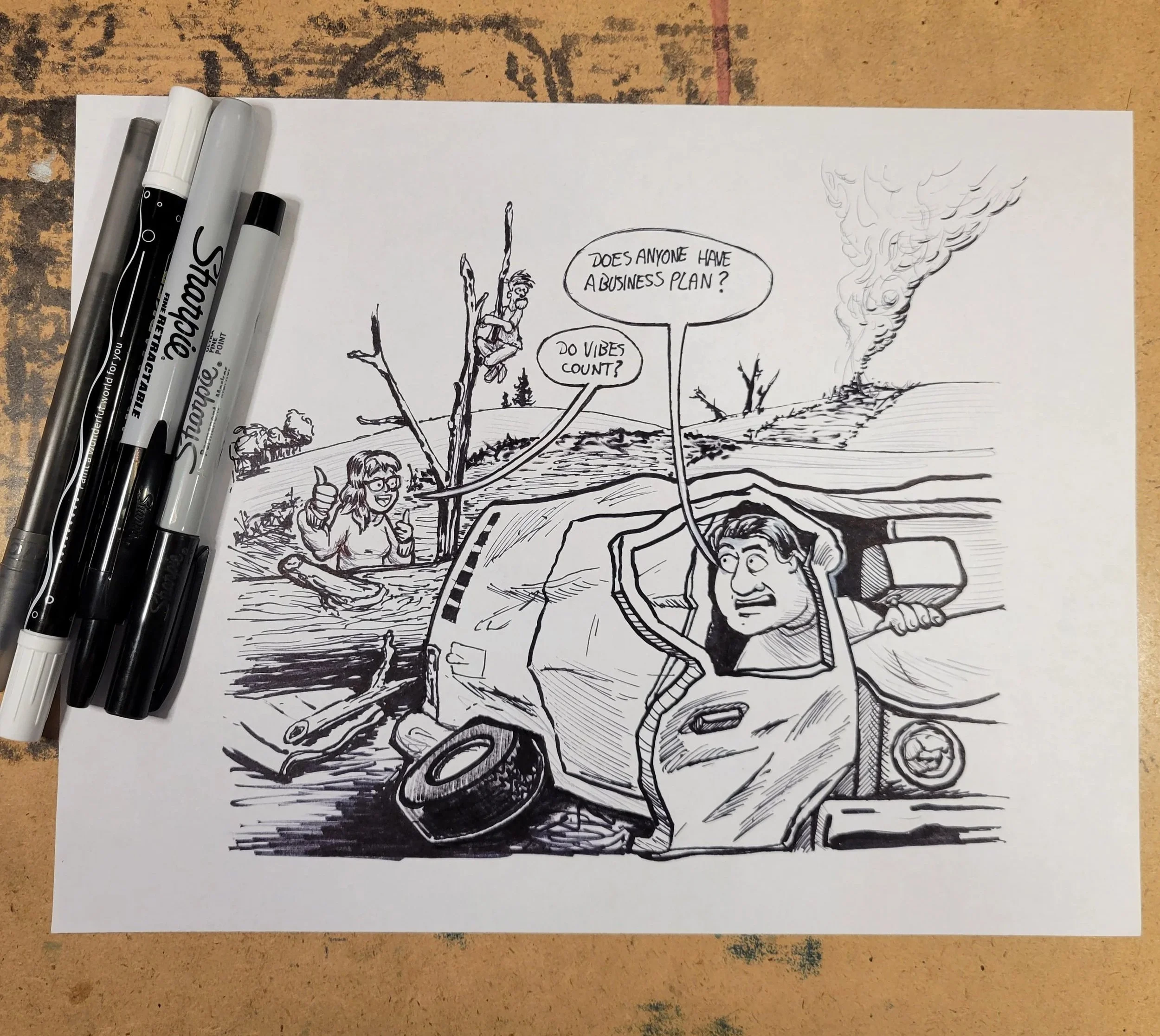 Black and white comic-style ink drawing on paper depicting a countryside scene with a dog swimming in a pond, a person sitting on a tree branch asking about a business plan, and a car on a winding road.