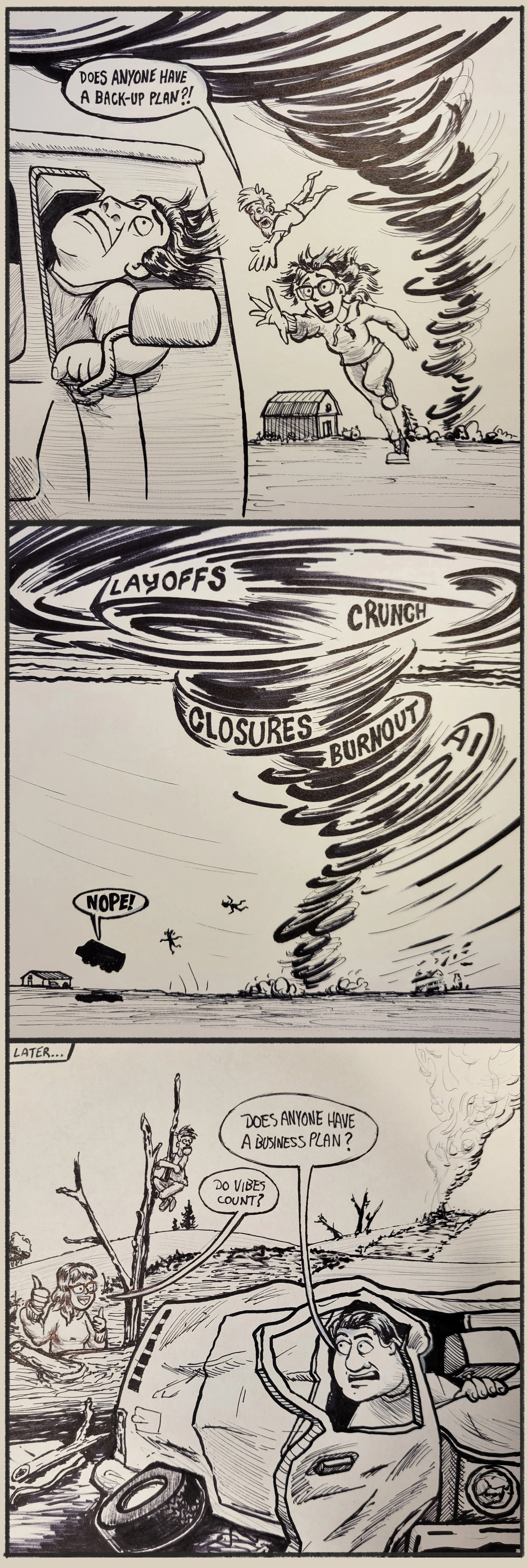 A cartoon comic strip showing a woman and two children fleeing from a tornado with words like 'Layoffs', 'Crunch', 'Closures', 'Burnout', and 'AI' swirling in the tornado. In the bottom panel, the woman is in a flooded area, and a man in a car asks if anyone has a business plan, while a girl says 'Do vibes count?'.