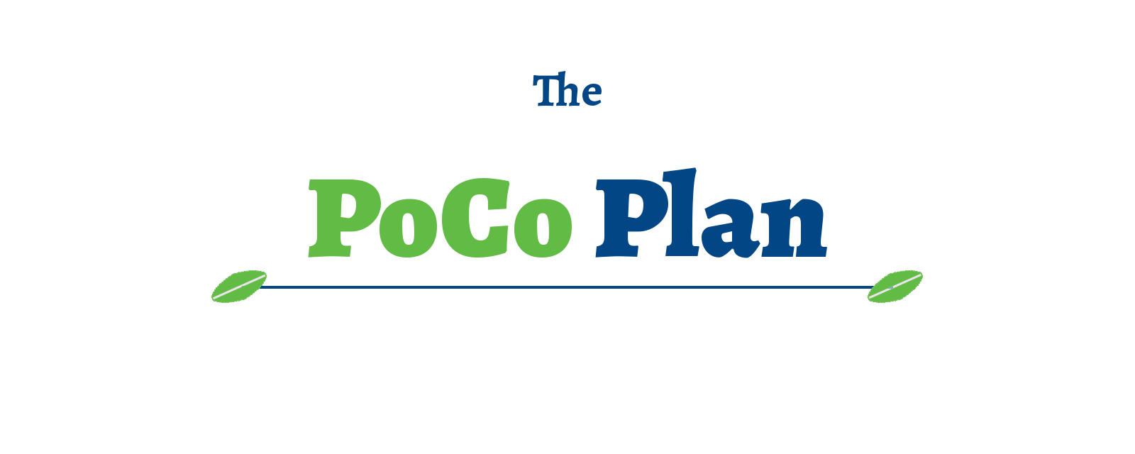 The PoCo Plan logo with blue and green text and two green leaves connected by a thin blue line