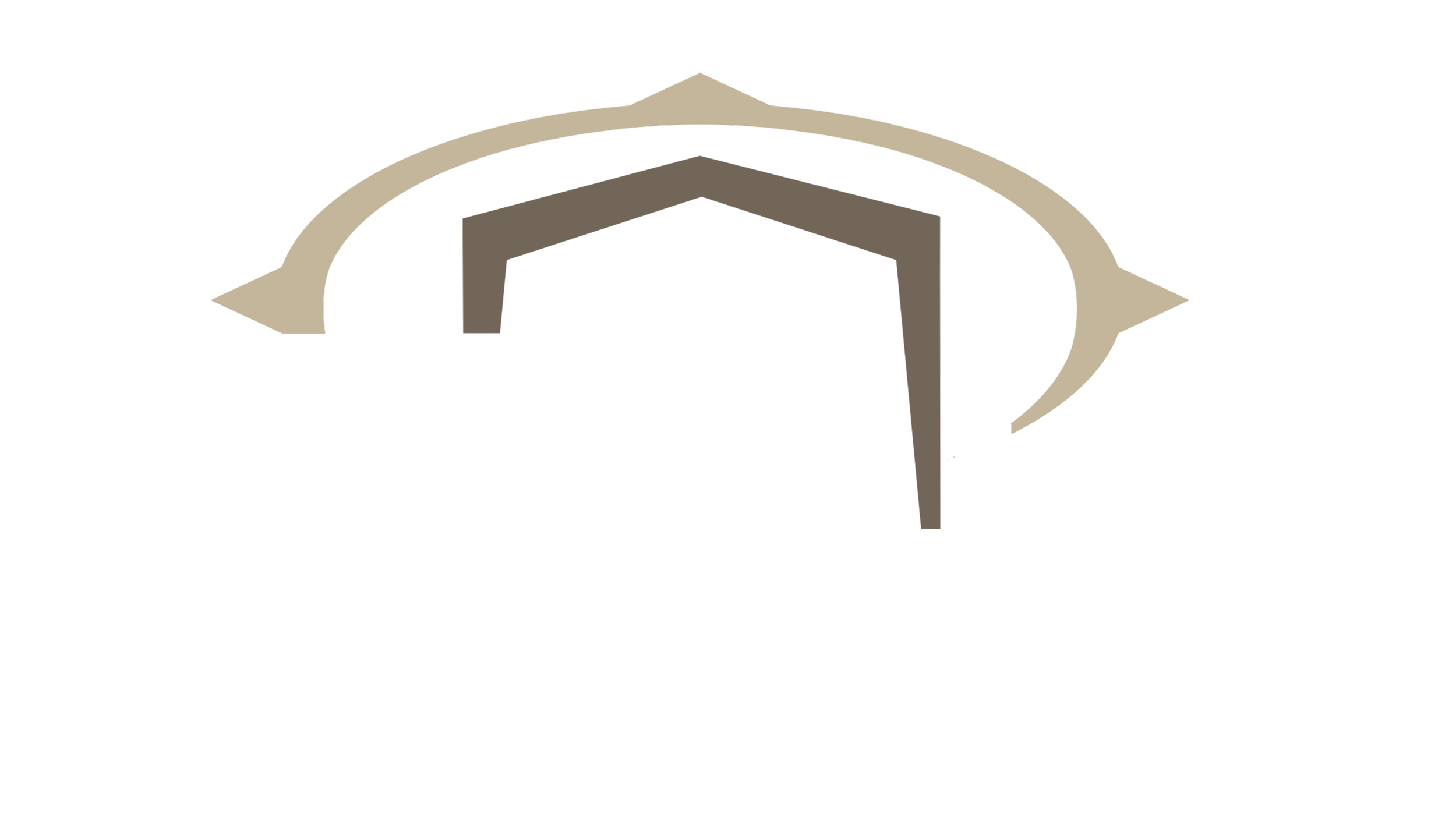 A logo featuring a stylized building with a curved, pointed crest and angular frame, in black and tan colors.