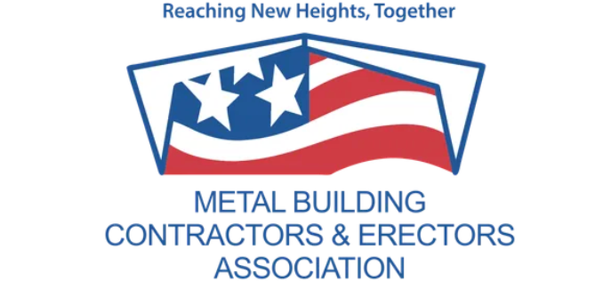 Logo for the Metal Building Contractors & Erectors Association with an American flag and the tagline "Reaching New Heights, Together".