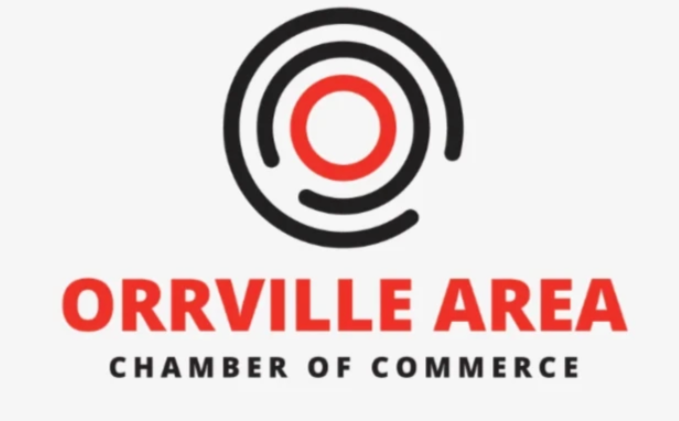 Logo with concentric circles and a red dot in the center, and the text 'Orrville Area Chamber of Commerce' in bold red and black letters.