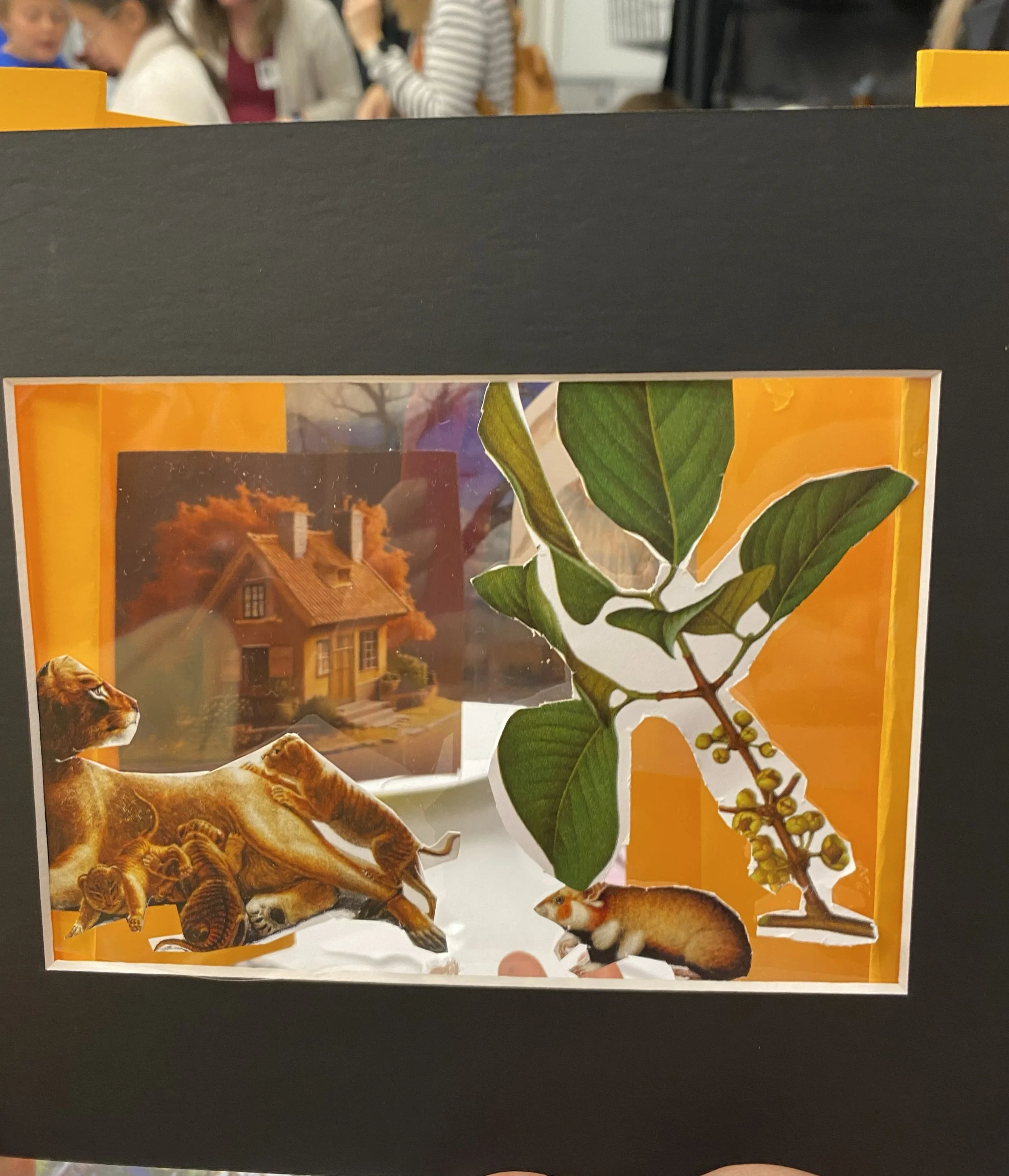 A collage with a yellow-and-orange background featuring various animals, including a lion, a dog, and a cat, along with a house, foliage, and a tree.