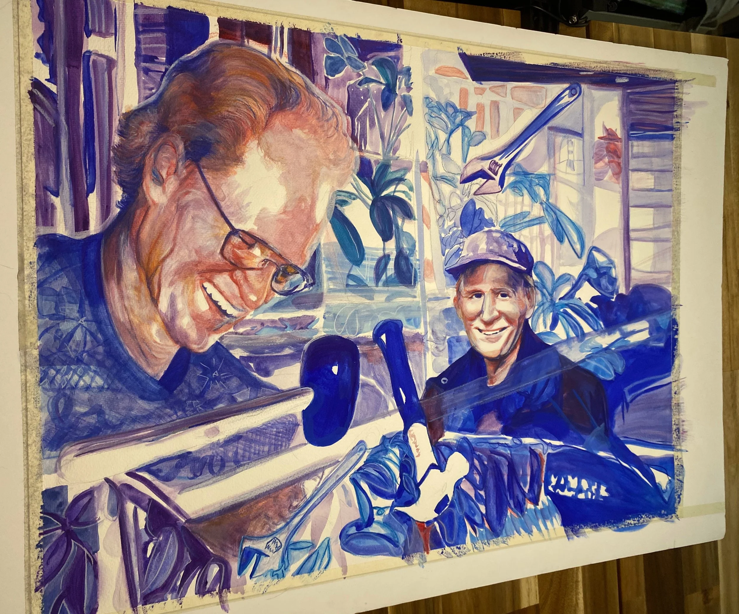 Watercolor painting of an older gentleman with glasses laughing and a man in a baseball cap smiling, surrounded by greenery, tools, and filtered light.