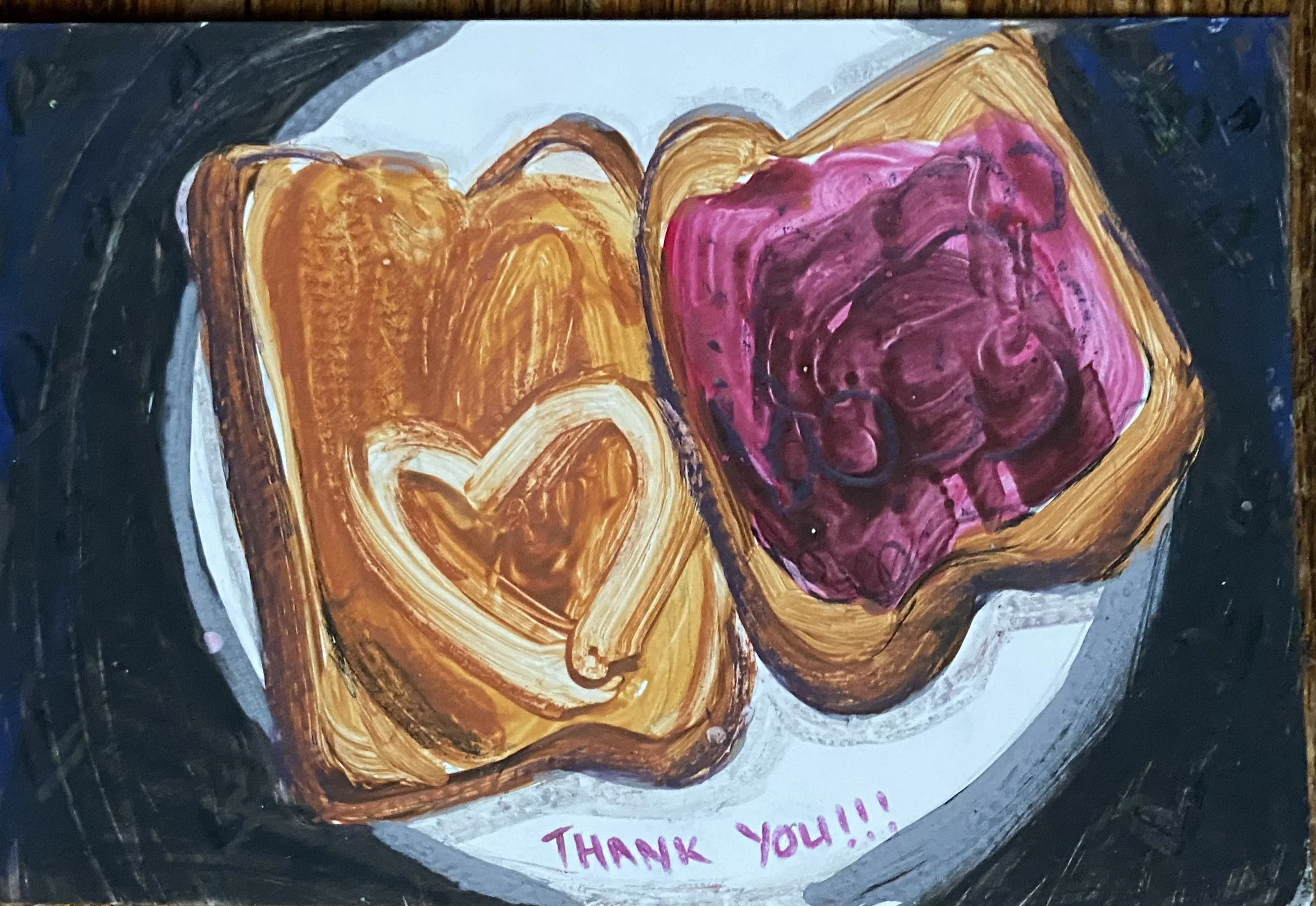 A painted peanut butter and jelly with an design of a heart in the peanut butter in shades of orange, pink, and purple, surrounded by black, gray, and white backgrounds. The words "Thank You!" are written in pink at the bottom image.