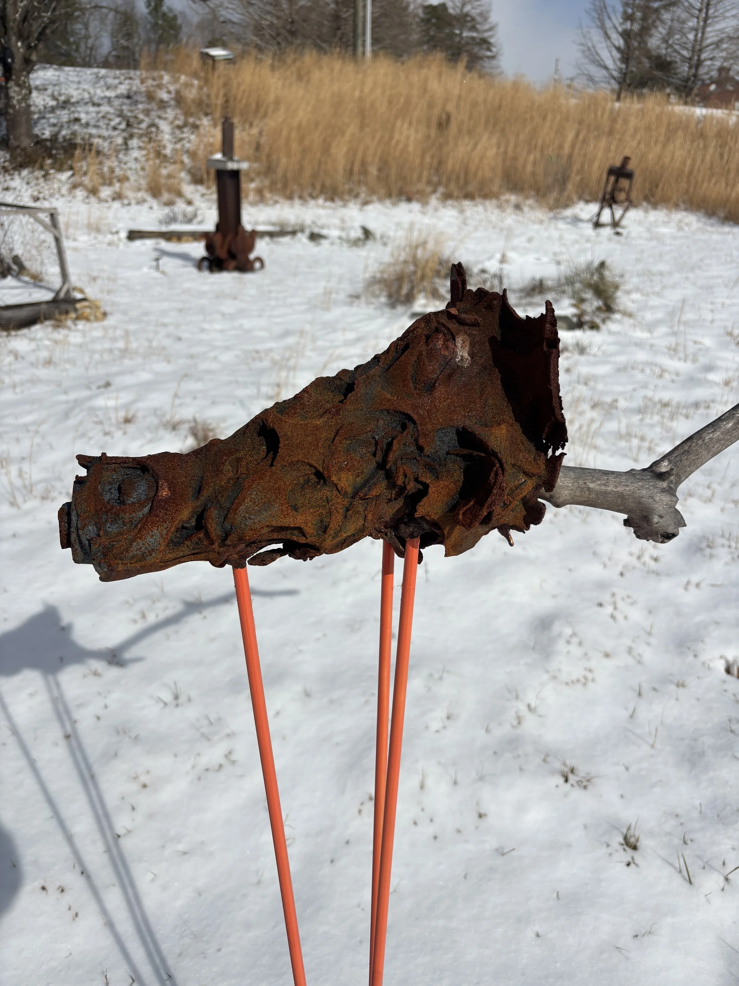 Close-up of rusted metal object on orange legs standing on snow, with a background of dry brown grass, snow, and trees.