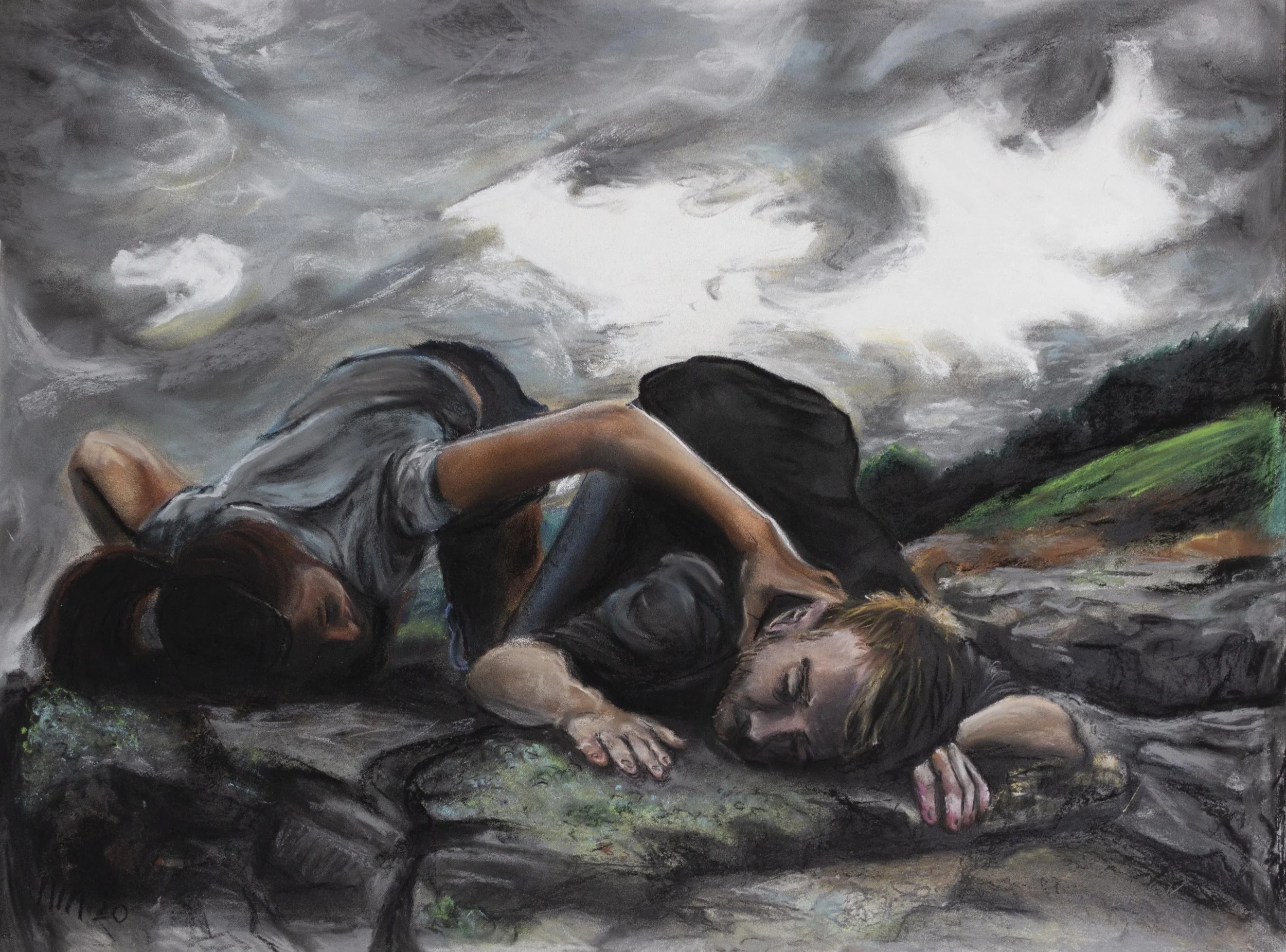 Painting of a scene with a group of people lying on the ground with stormy clouds overhead.
