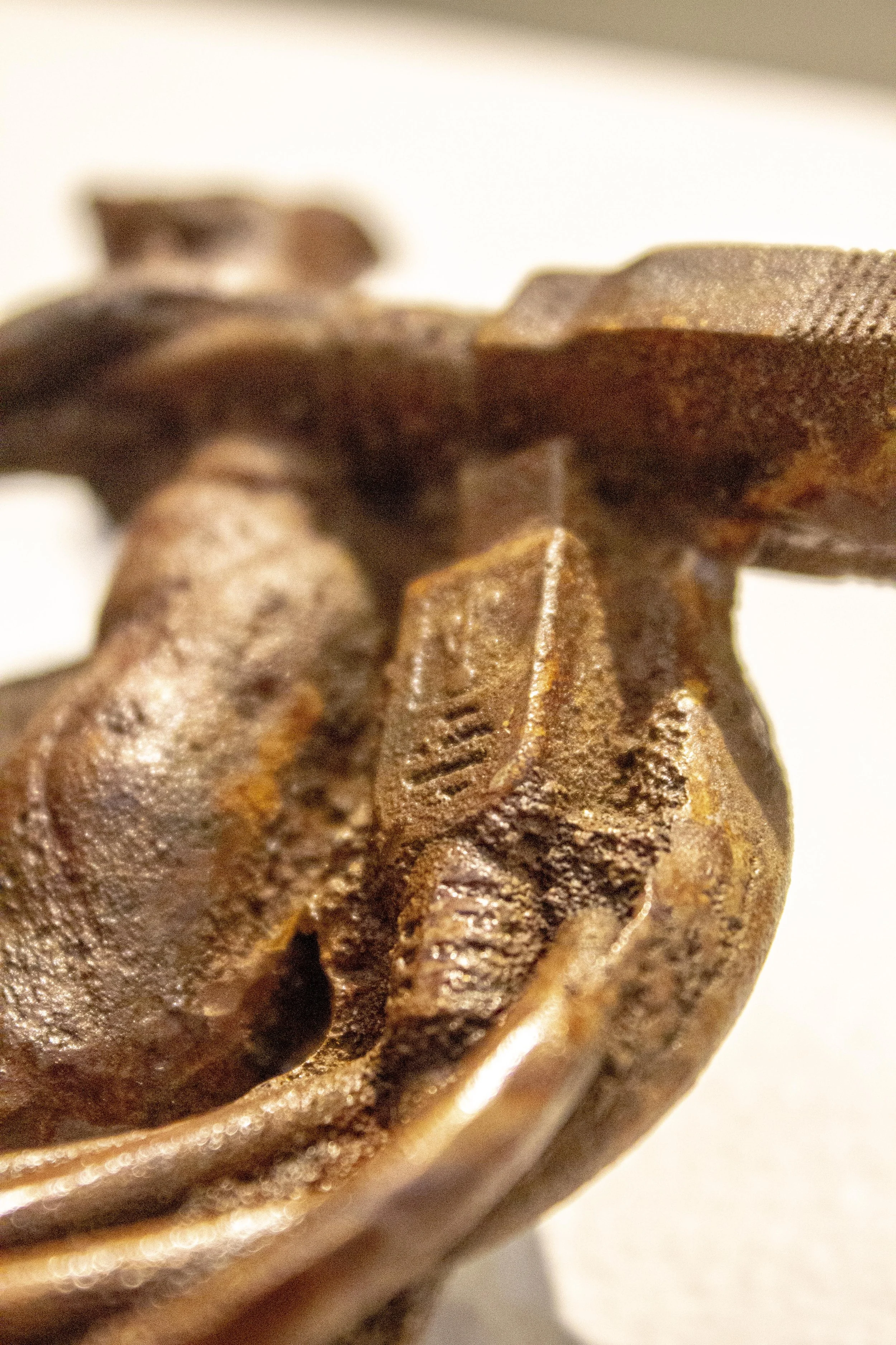 Close-up of a swirl of cast iron electronic cords, with textured, glossy surface and rich brown color.