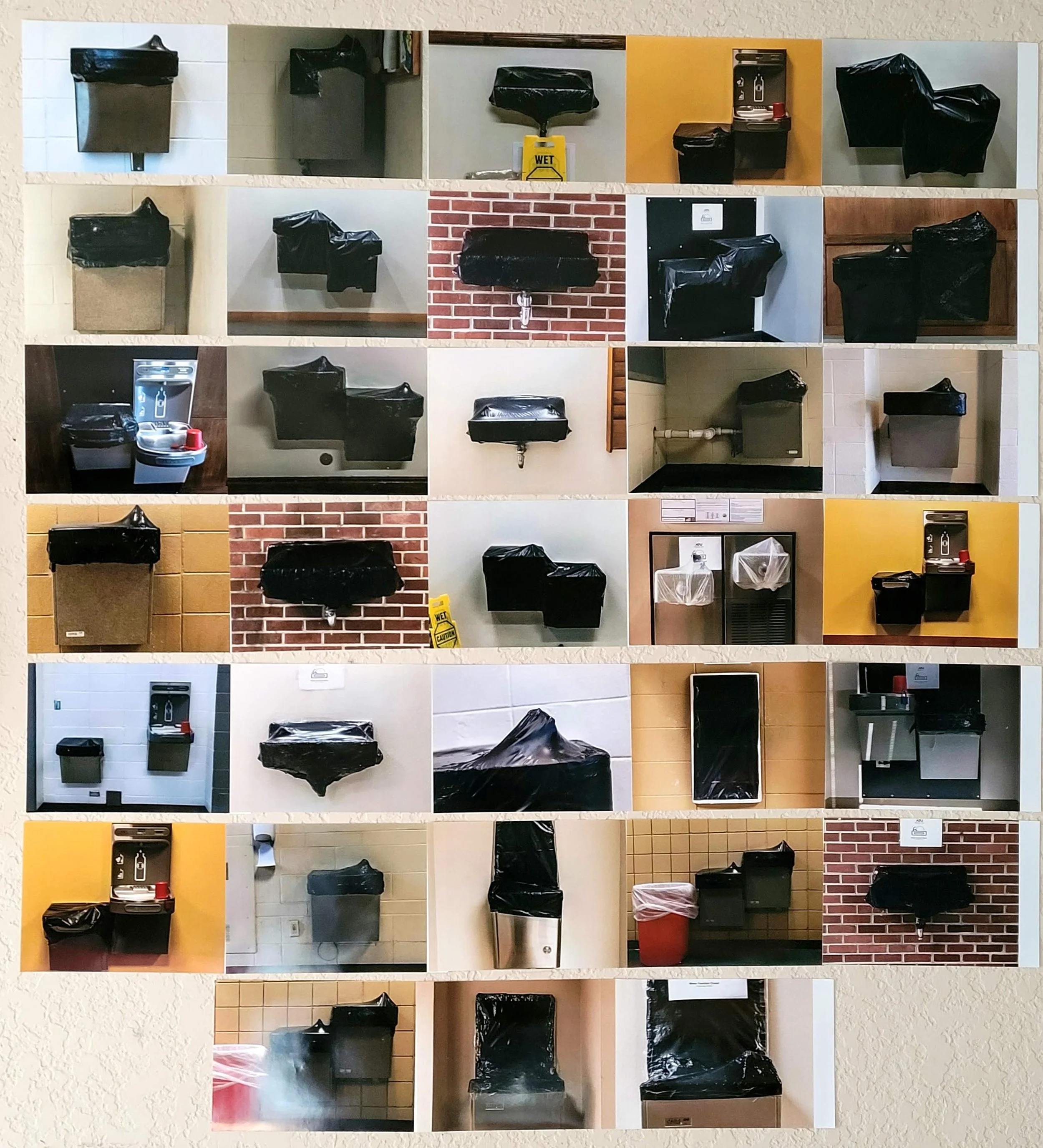 Collage of multiple images showing various water fount with black plastic covers, some with signs indicating wet floors and caution. These images were taken at a universit campus during covid-19, when water fountains were quarantined off.  