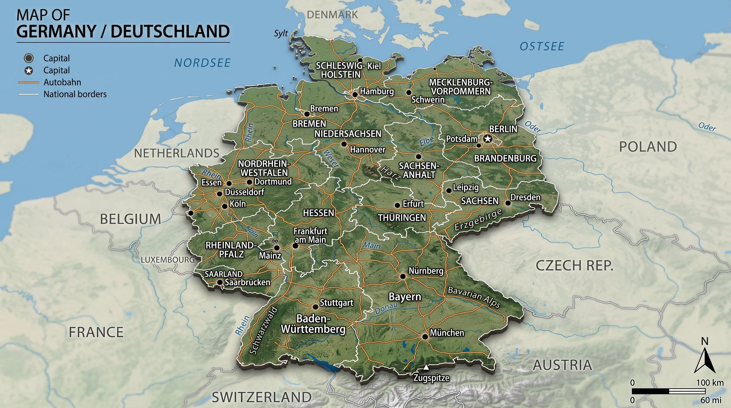 Map of Germany showing its regions, capital cities, autobahns, and national borders, with surrounding countries labeled.