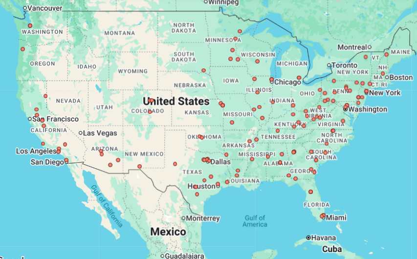 Map of the United States and parts of Mexico and Canada with red dots marking various locations across North America.