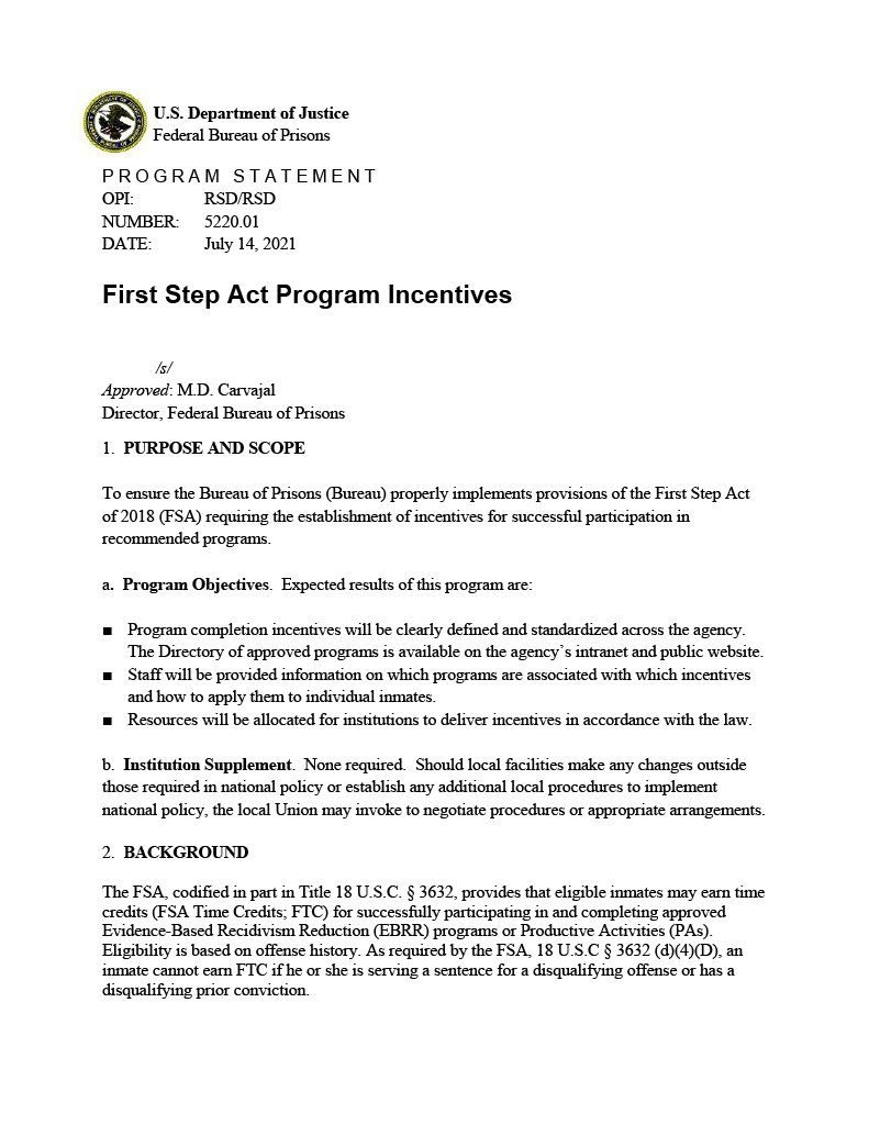 Official document from the U.S. Department of Justice, Federal Bureau of Prisons, titled 'First Step Act Program Incentives,' dated July 14, 2021, outlining program objectives and background.