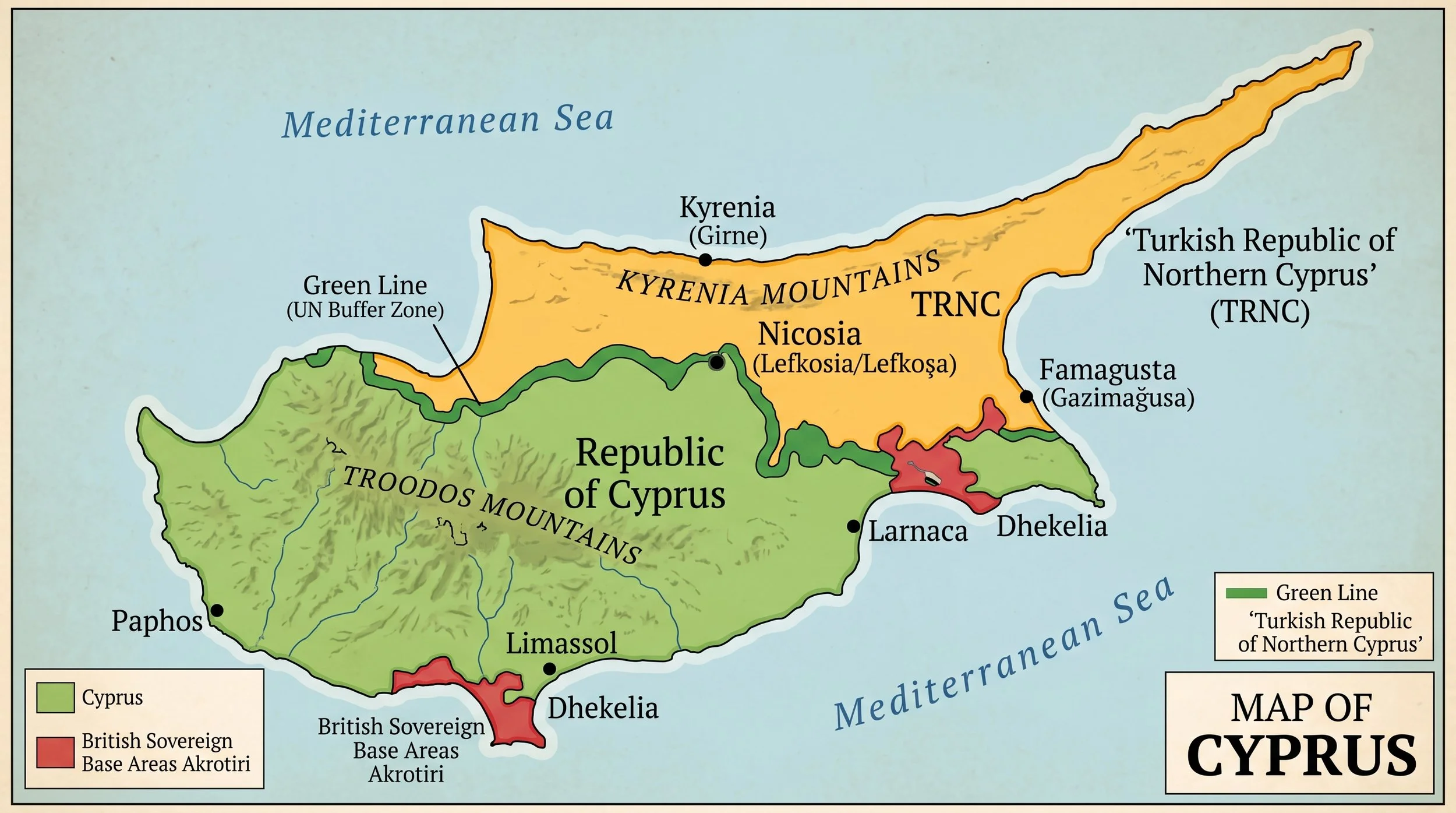 Map of Cyprus showing the Republic of Cyprus in green, the British Sovereign Base Areas Akrotiri and Dhekelia in red, and the Turkish Republic of Northern Cyprus in orange. Key cities include Paphos, Limassol, Larnaca, and Famagusta. The map also highlights the Kyrenia Mountains, Troodos Mountains, and the Green Line dividing the north and south of Cyprus, with the Mediterranean Sea to the north and south.