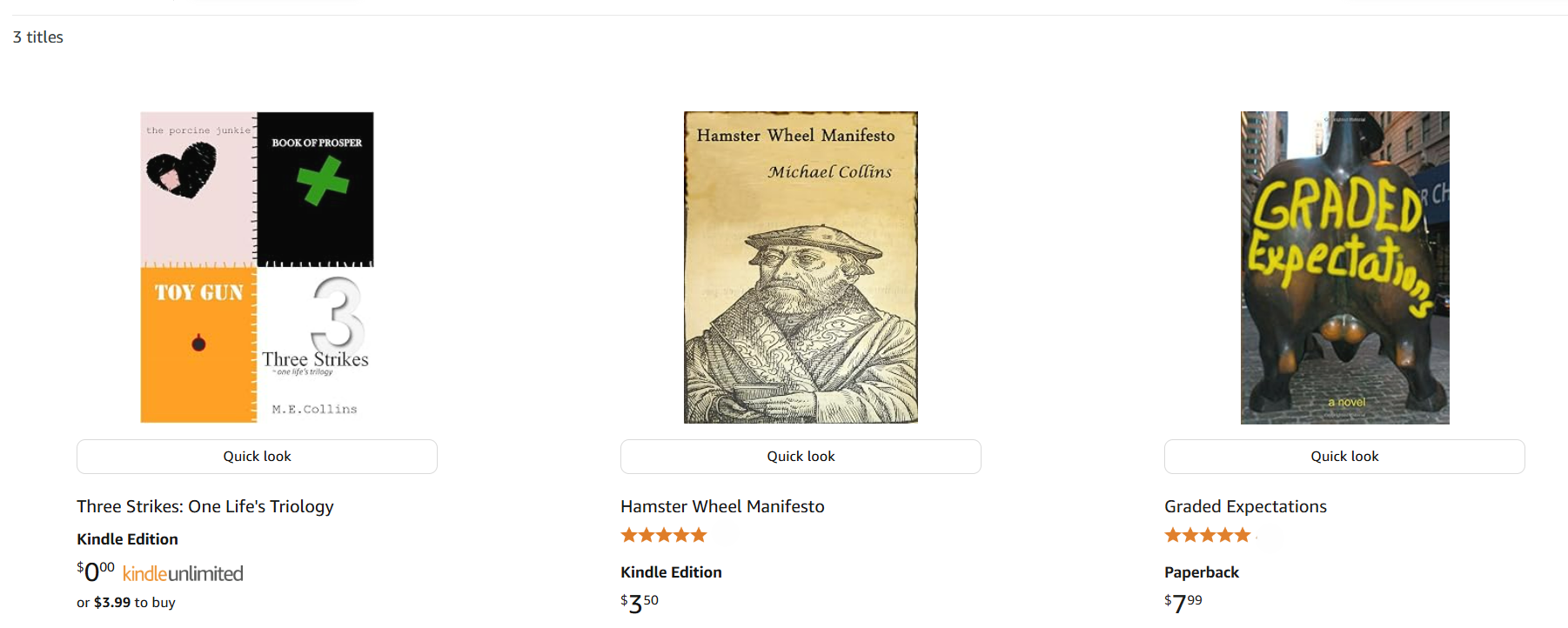 Image displaying the covers of three books: on the left, 'Three Strikes: One Life's Trilogy' with tessellated squares and bold text, in the middle, 'Hamster Wheel Manifesto' featuring a sketch of a man, and on the right, 'Graded Expectations' with a sculpture of a bull with yellow text on it.