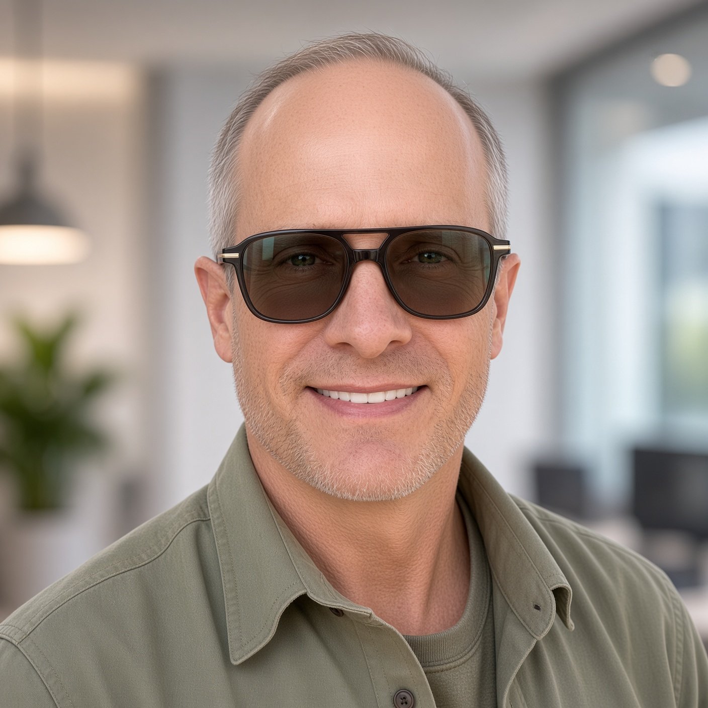 The Federal Prison Consultant Mike Collins, smiling with sunglasses, wearing a light green button-up shirt, indoors with blurred background of a modern office.