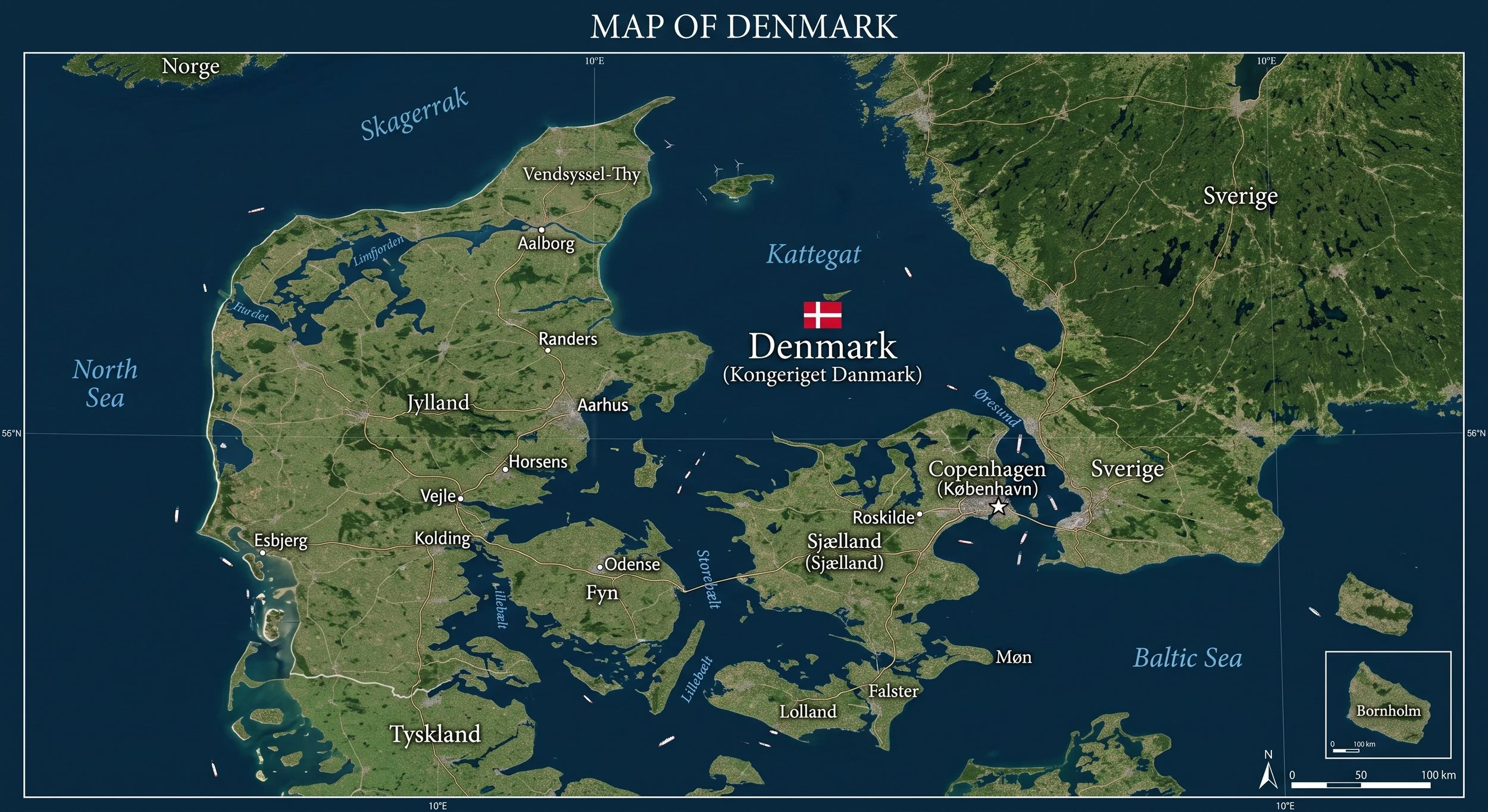 Detailed map of Denmark showing major cities, bodies of water, and surrounding countries, with a Danish flag icon.