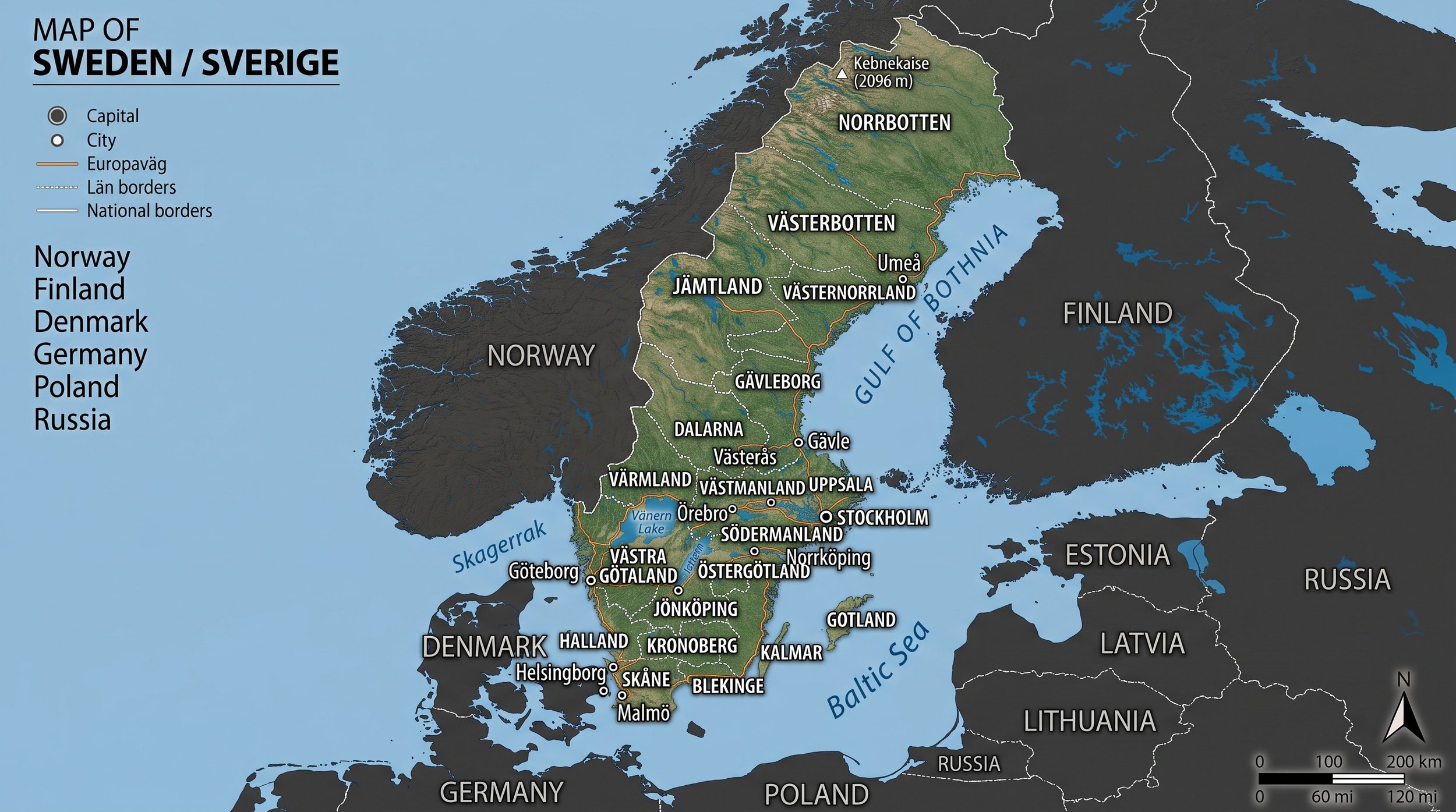 Map of Sweden with regions, cities, borders, and geographic features labeled.
