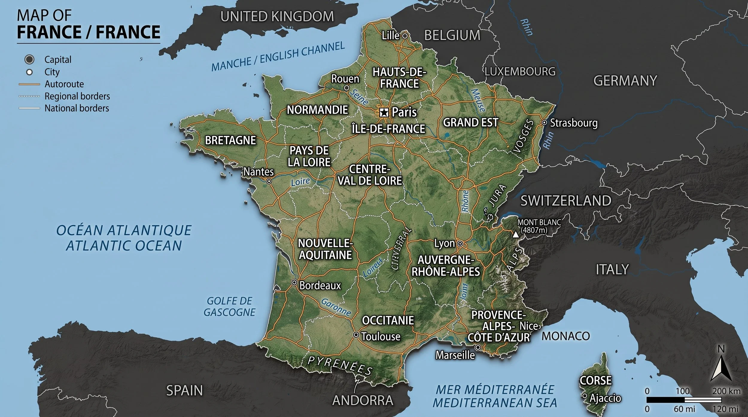 Map of France showing regions, major cities, and borders, with surrounding countries and bodies of water labeled.