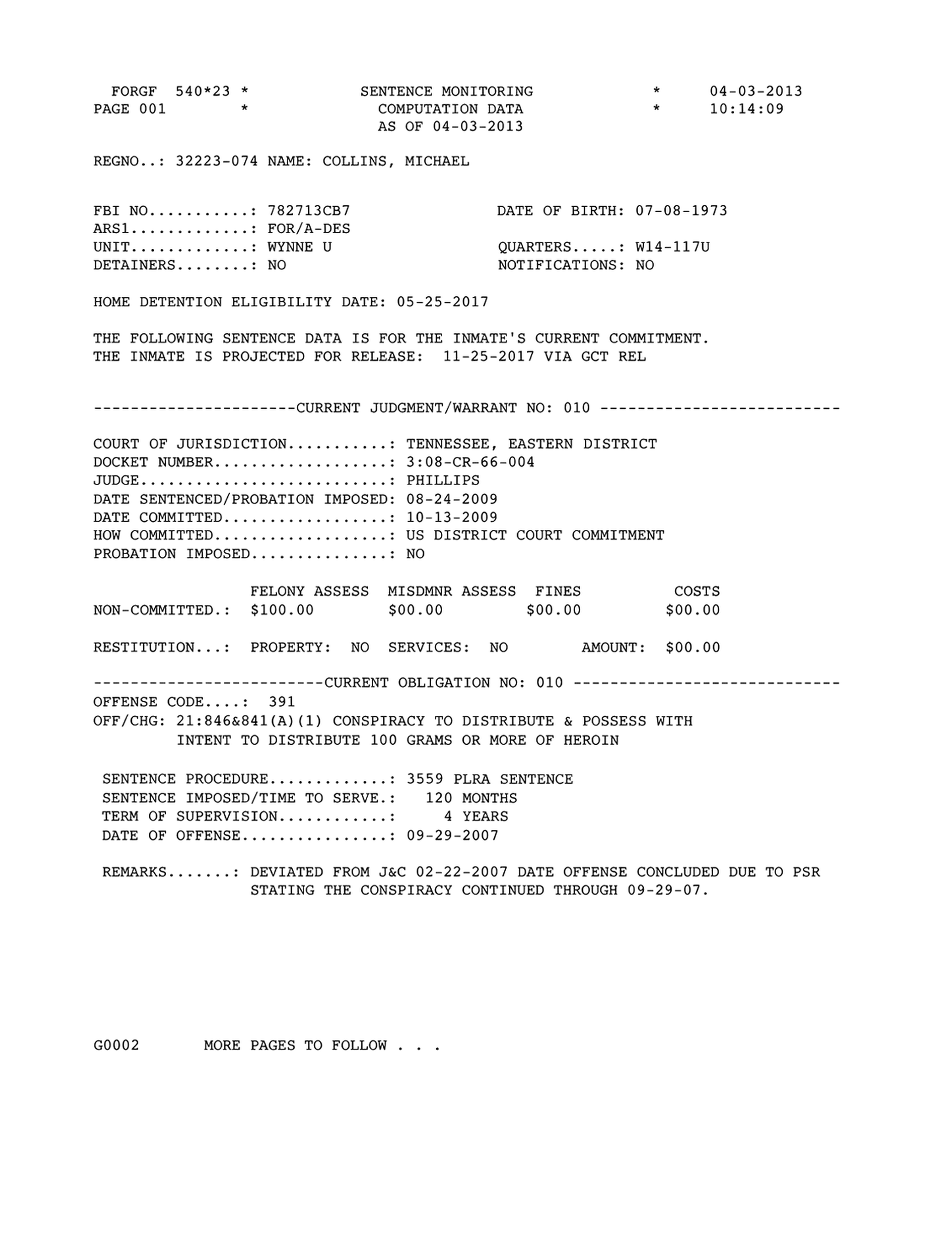 Sentence monitoring computation data sheet.
