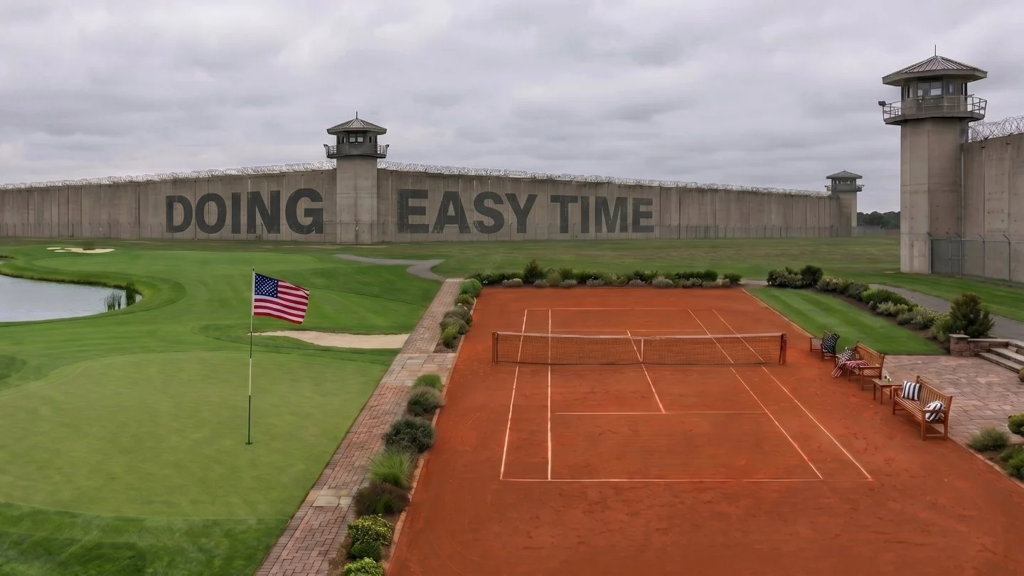 Image of the mythical 'Club Fed' with a full clay tennis court and a golf course green hole with an American fag in the cup. The words 'Doing Easy Time' is painted on the outside of a federal prison wall.