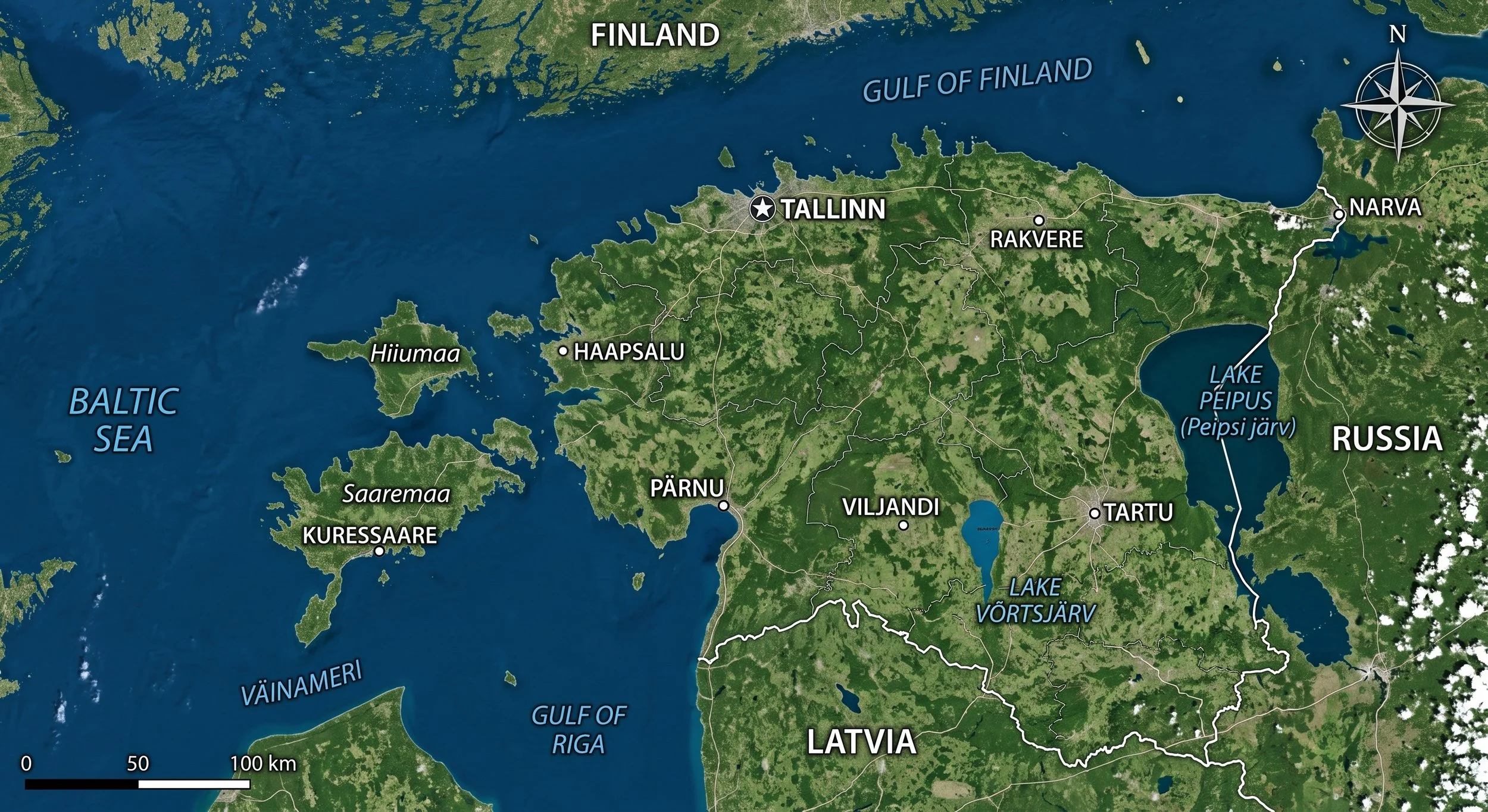 Map of Estonia with cities like Tallinn, Haapsalu, Pärnu, Viljandi, Tartu, and Narva labeled. Shows surrounding bodies of water including the Baltic Sea, Gulf of Finland, Lake Peipus, Lake Vortsjarv, and Gulf of Riga, with a compass rose in the top right corner.