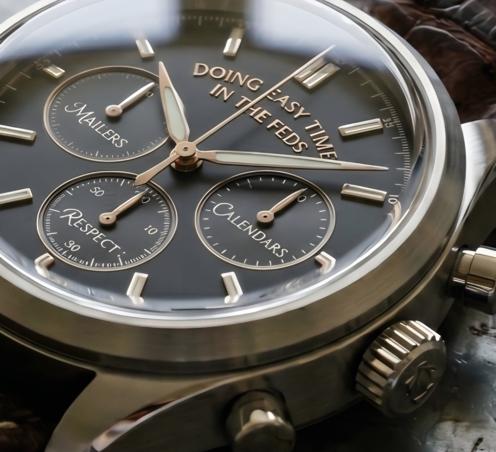 High end chronograph with Doing Easy Time In the Feds on the face dial.