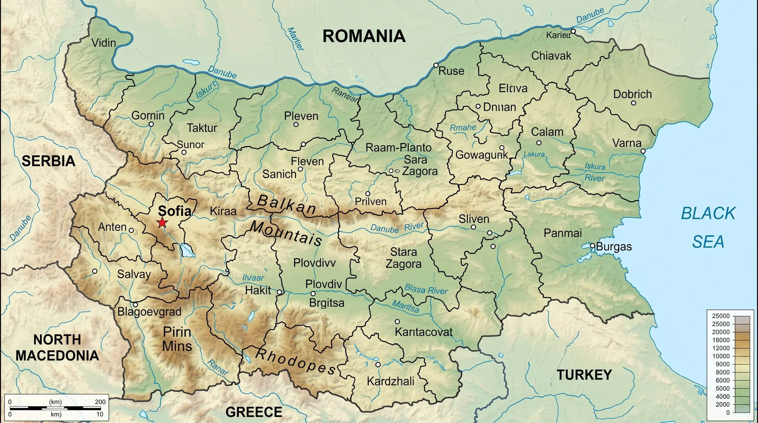 A map of Bulgaria in Southeast Europe showing its borders, major rivers, and cities, with neighboring countries North Macedonia, Serbia, Greece, Turkey, and Romania labeled. The Black Sea coastline and various topographical features are also visible.