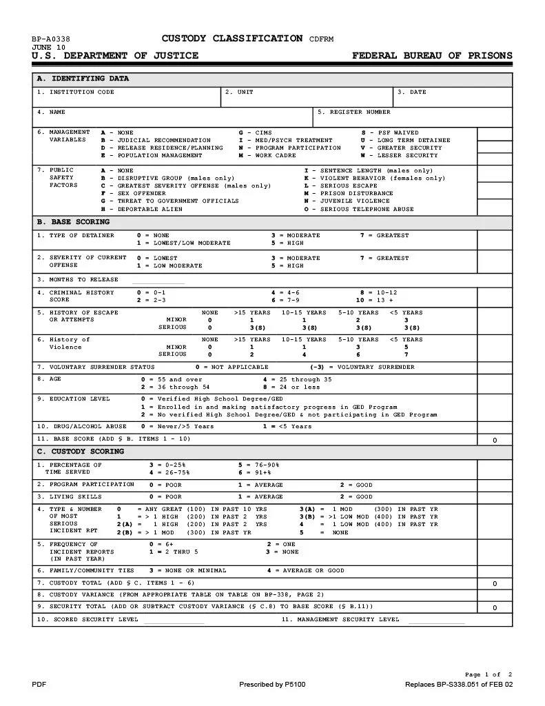 U.S. department of justice custody classification federal bureau of prisons.