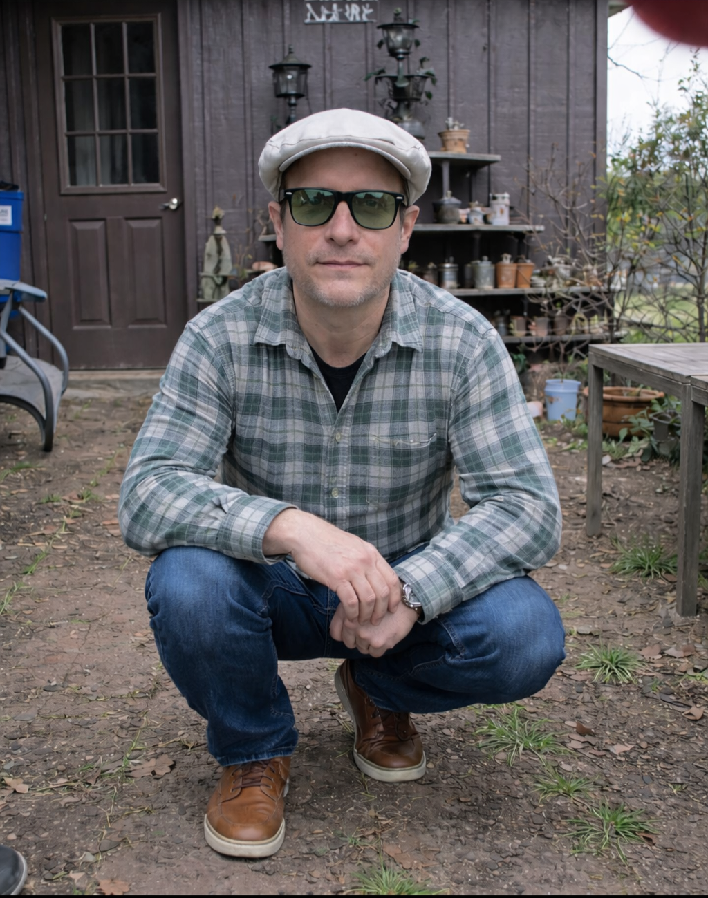 Mike Collins posing for a picture in front of a old rustic cabin.