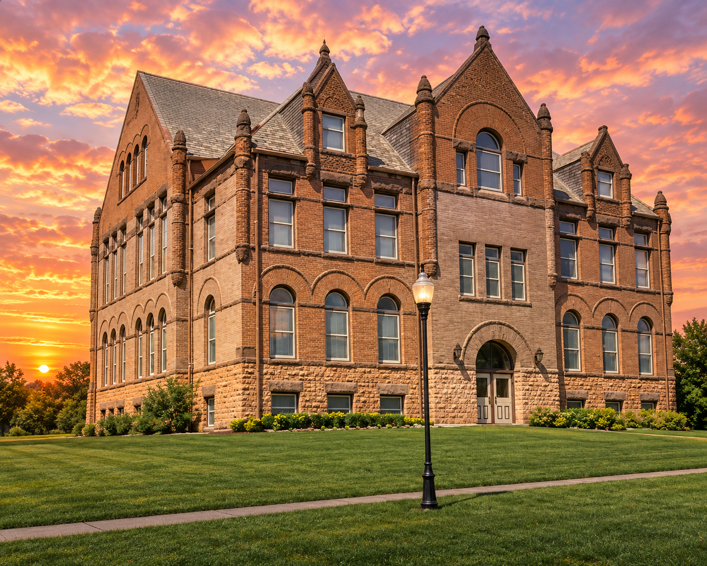 Historic brick building with pointed towers and arched windows at sunset, surrounded by green lawn and trees. FPC Minimum Security Yankton.