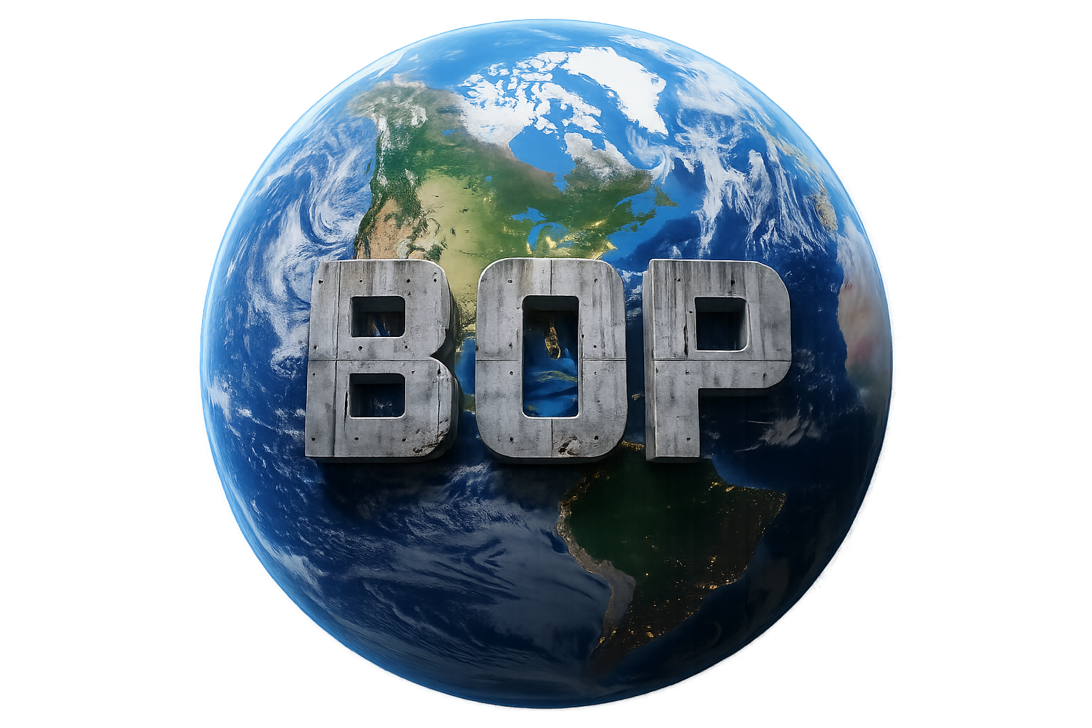 Planet Earth with BOP across its front in large concrete letters.