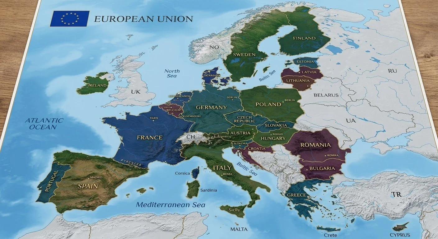 Map of Europe showing countries with different colors, with labels for country names, major cities, seas, and the European Union flag in the top left corner.
