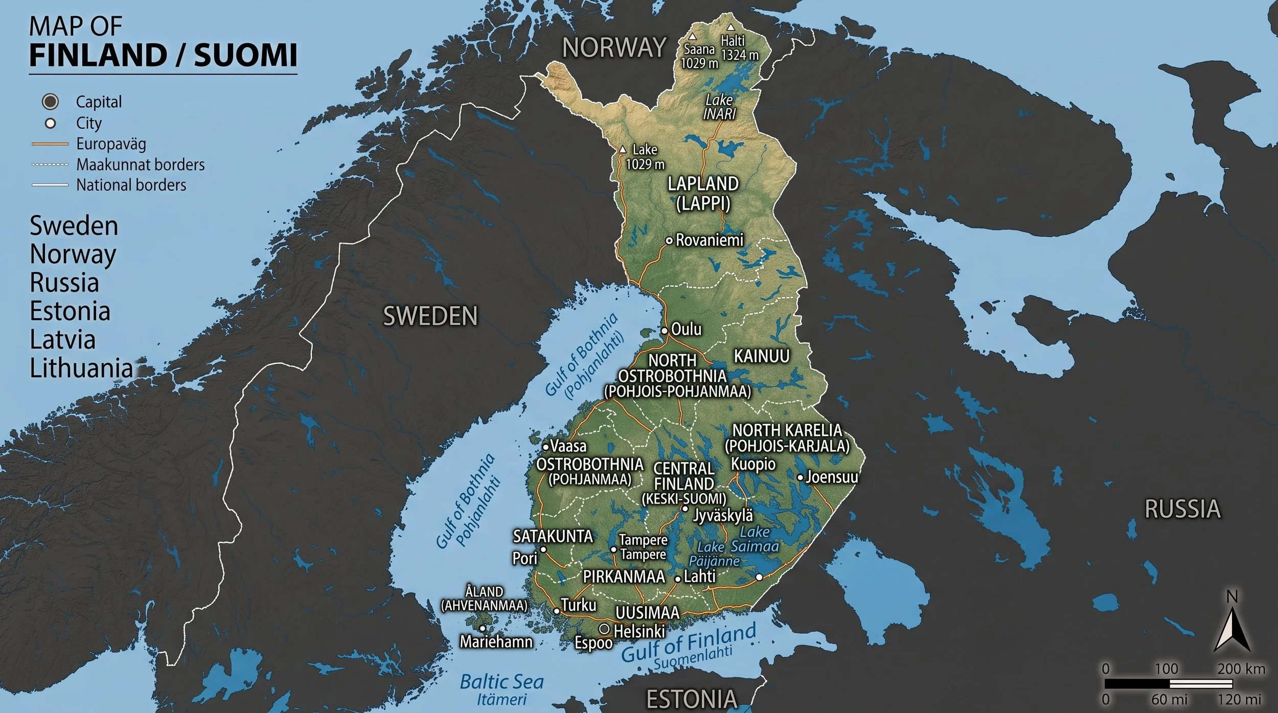 Map of Finland and the region of Suma, showing borders, lakes, and cities including Helsinki, Tampere, and Oulu, with geographic features and neighboring countries labeled.