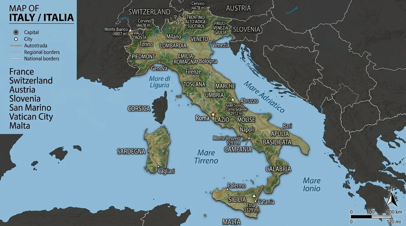 Map of Italy showing regional borders, cities, and topographical features, with labels in Italian and English.