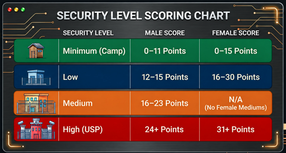 Chart of BOP Security Points Levels and cut points for male and female.