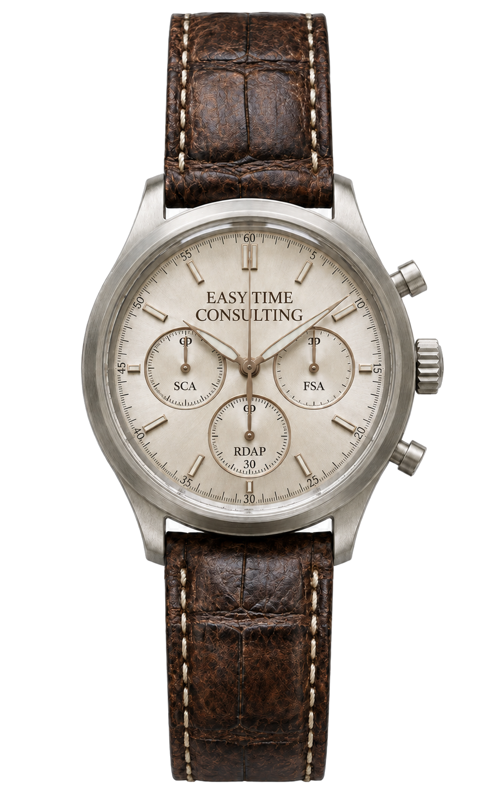High end chronograph with Easy Time Consulting written on the face dial. Three sub-dials with RDAP, SCA, and FSA.
