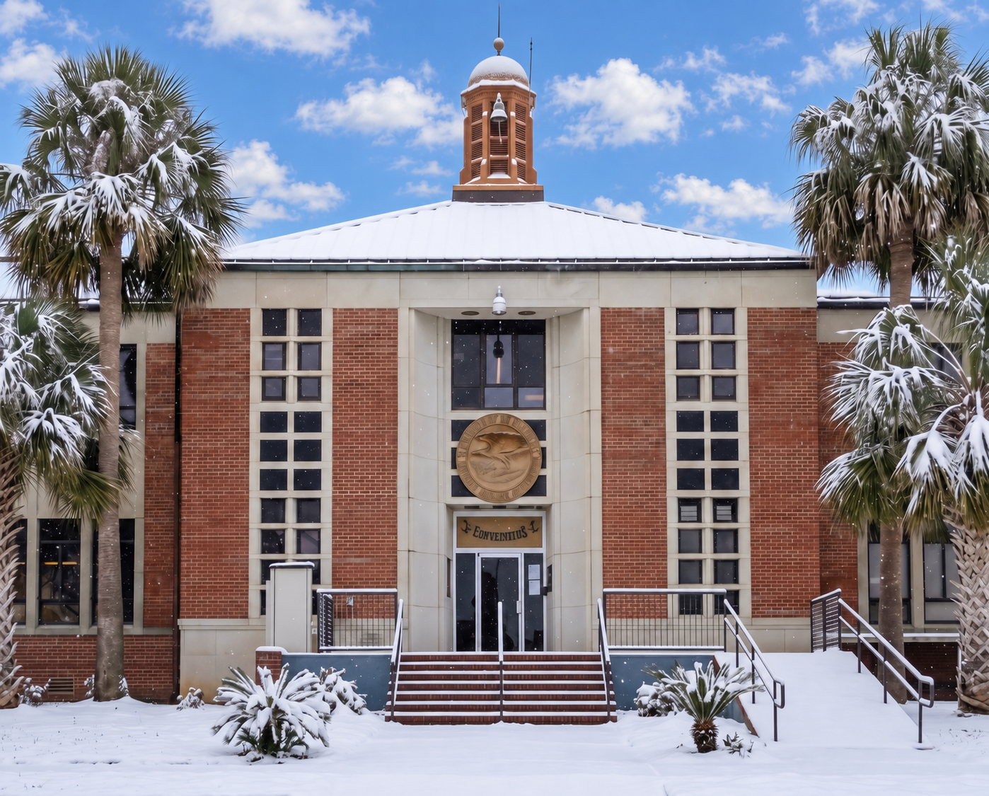 A brick and stone building with a dome and clock tower, surrounded by snow-covered palm trees, under a partly cloudy blue sky. FCI Low Security Tallahassee.
