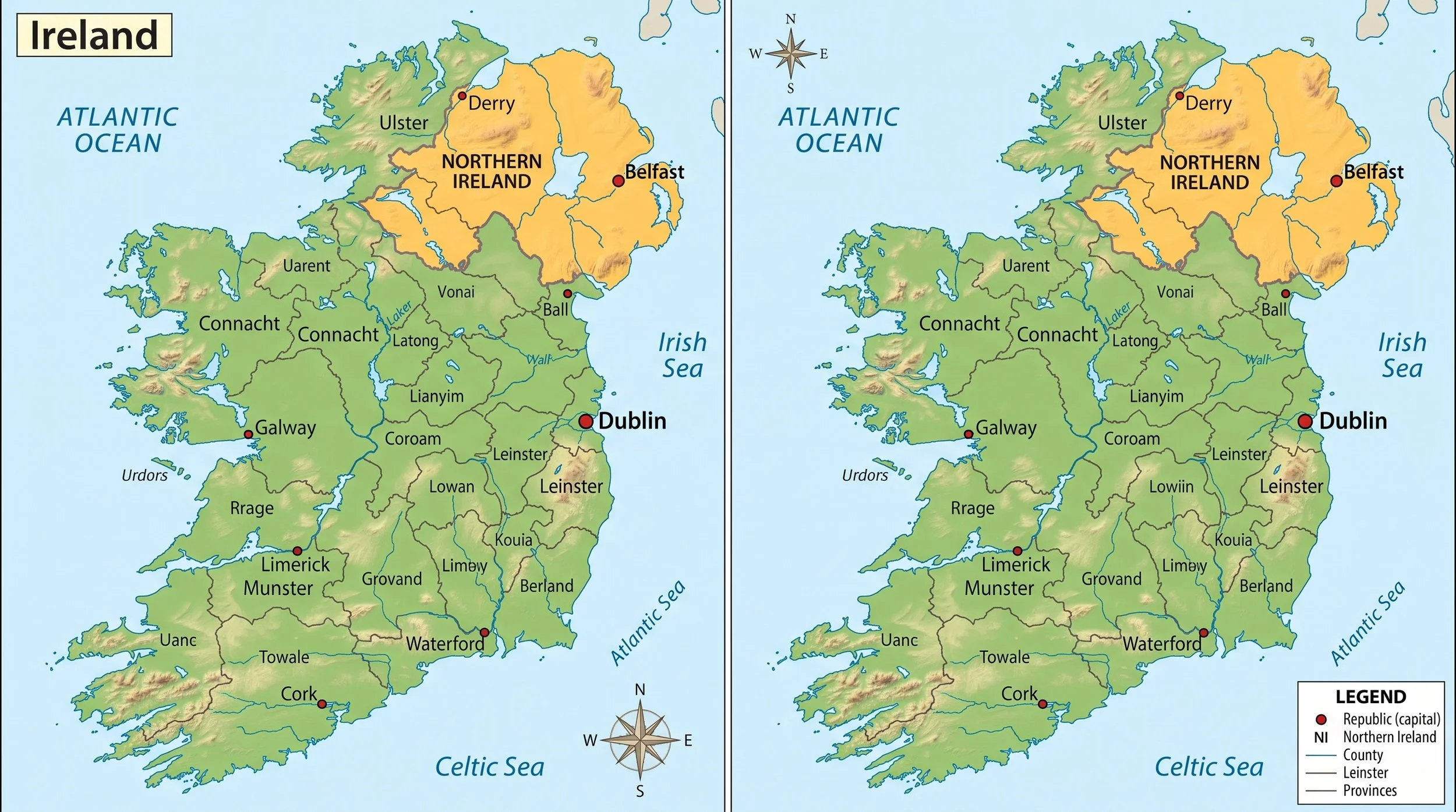 Side-by-side maps of Ireland showing regions, cities, and physical features with labels. Key cities include Dublin, Galway, Cork, Limerick, Waterford, and Belfast, along with regions like Ulster, Connacht, Leinster, and Munster. The maps display the Atlantic Ocean, Irish Sea, and geographical features like lakes and hills.