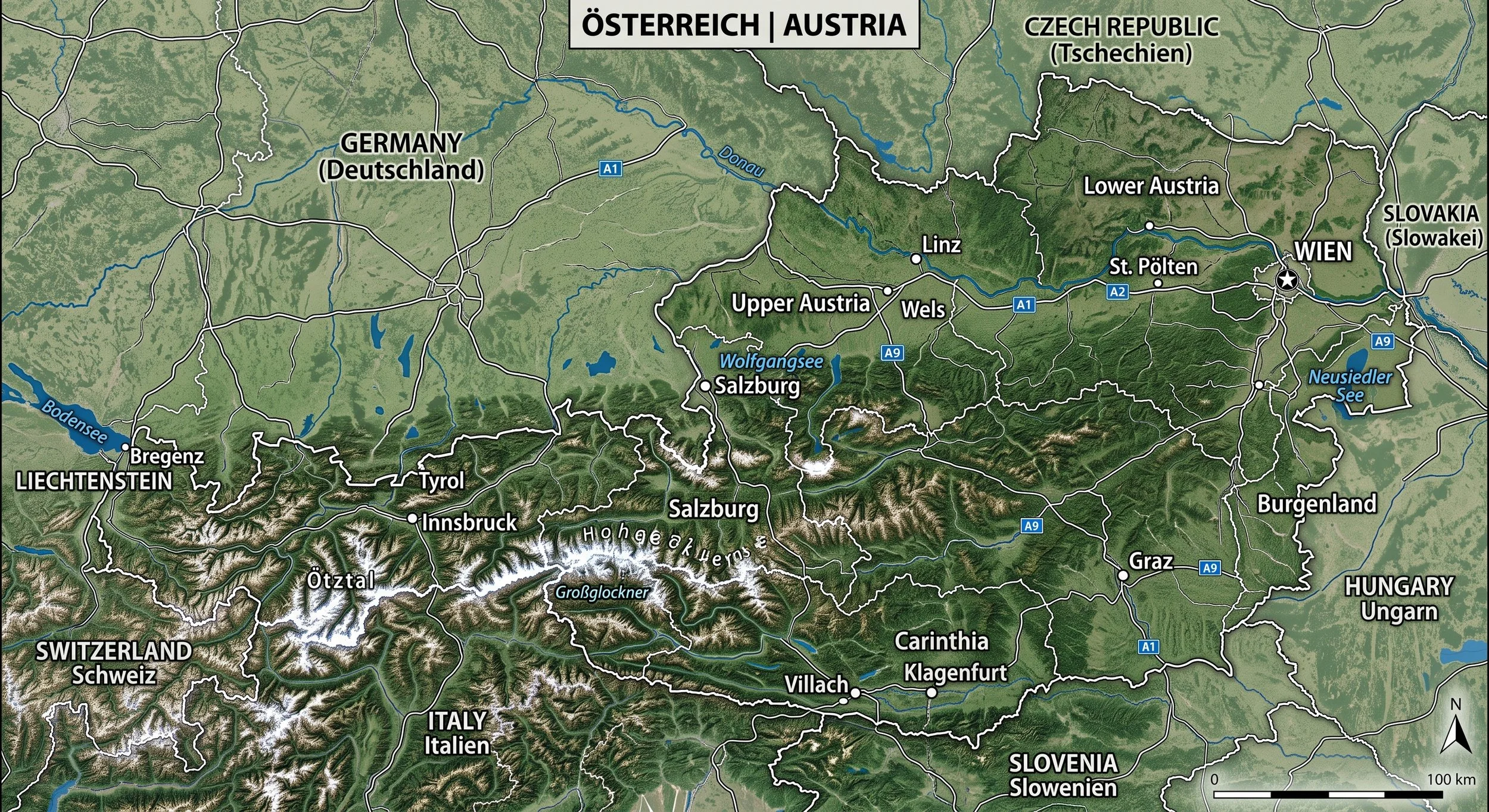 A detailed map showing Austria and surrounding countries, highlighting major cities such as Vienna, Salzburg, Graz, and Innsbruck, with mountain ranges and lakes visible.