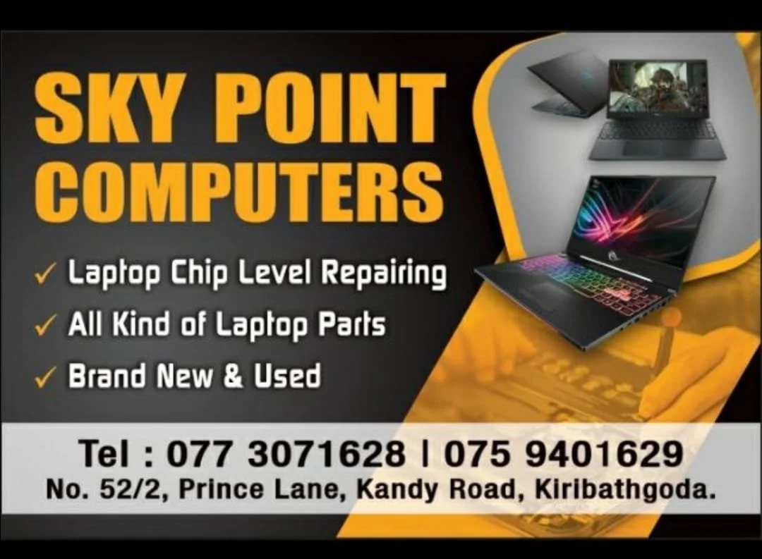 Advertisement for Sky Point Computers offering laptop chip level repairs, all kinds of laptop parts, both brand new and used. The ad includes two phone numbers and an address in Kiribathgoda.