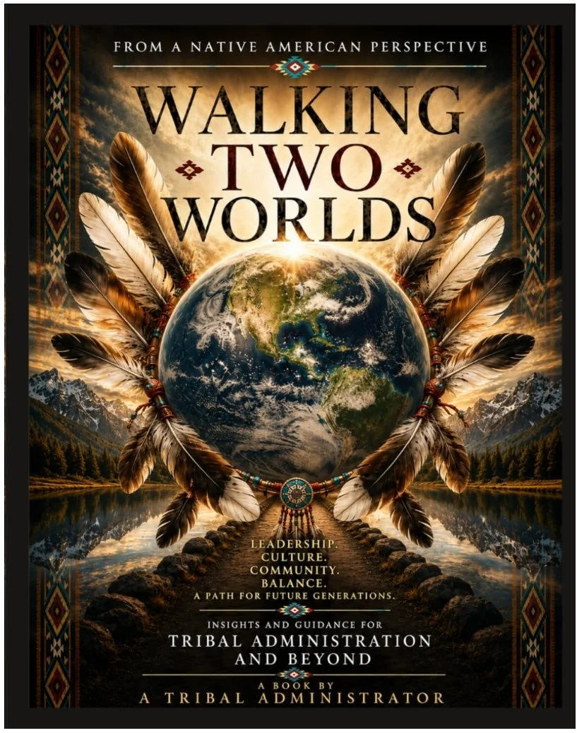 Book cover titled 'Walking Two Worlds' with a globe surrounded by feathers, mountains, and a lake, emphasizing Native American perspectives on leadership, culture, community, and balance.