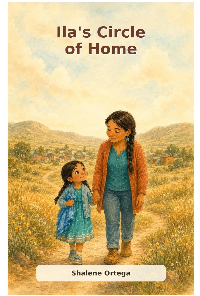 Illustration of two girls walking together outdoors on a dirt path, with a town and hills in the background. The older girl is holding the younger girl's hand.