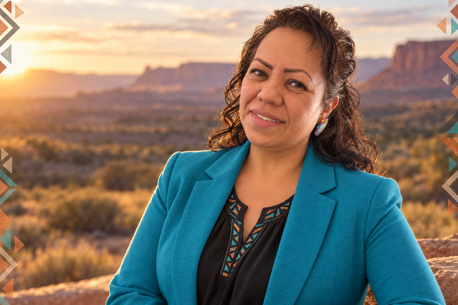 A woman with curly hair, wearing a teal blazer and earrings, smiling at the camera with a desert landscape and mountains at sunset in the background.