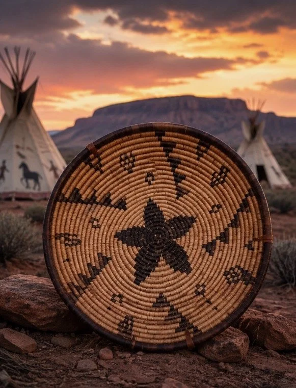 A woven basket with a star pattern in the foreground, Arizona desert landscape with tipi tents and a plateau during sunset in the background.